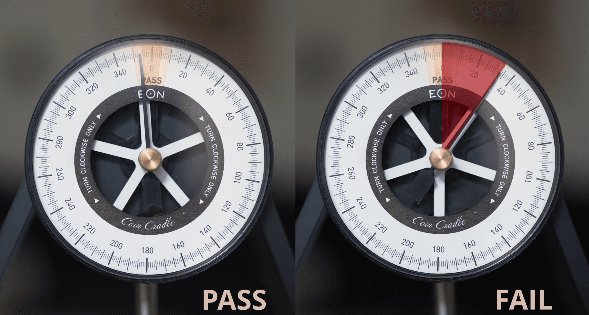 PASS vs FAIL — how the eddy current pendulum differentiates genuine gold from counterfeits